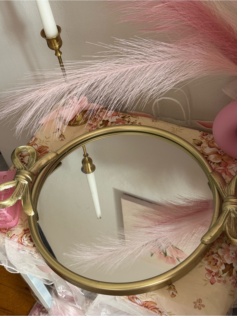 Gold Round Decorative Vanity Mirror - Pink Accents